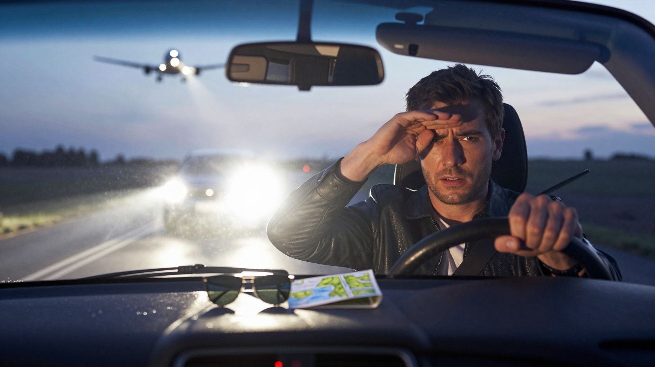 Homem a conduzir um carro ao anoitecer, a olhar para a frente com uma mão a proteger os olhos da luz.