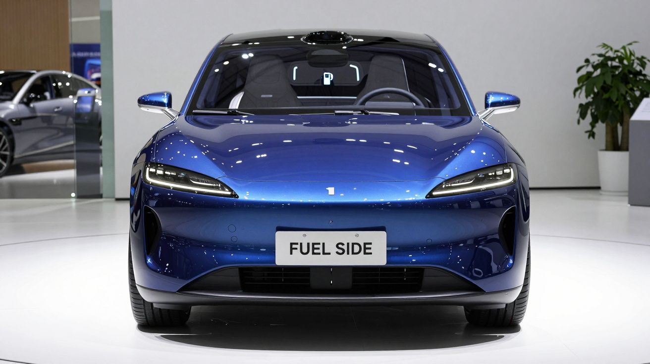 Automóvel elétrico azul, moderno, visto de frente numa exposição automóvel.