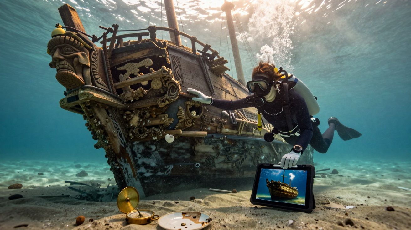 Mergulhador explora naufrágio de navio antigo no fundo do mar com tablet a mostrar o mesmo navio à superfície.