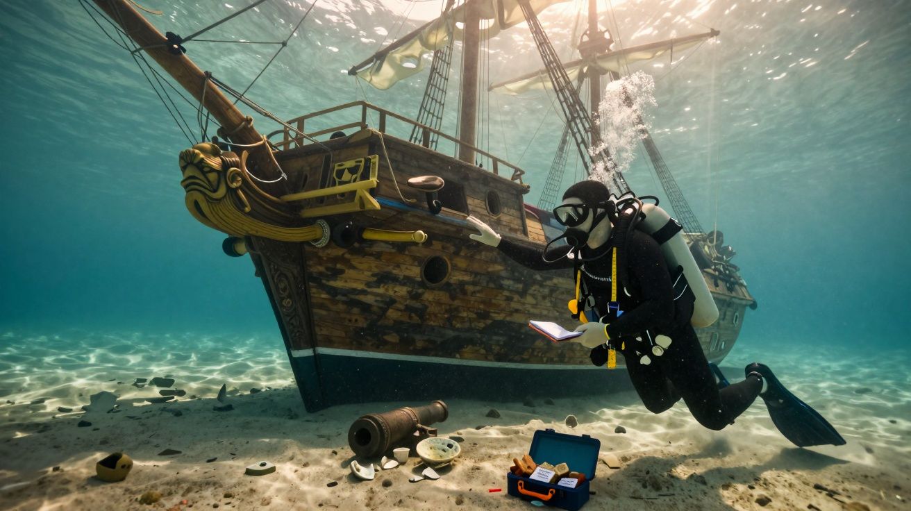 Mergulhador explora casco de navio naufragado antigo, rodeado de objetos espalhados no fundo do mar.