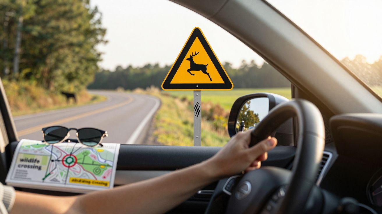 Sinal de trânsito a avisar passagem de veados numa estrada rural vista de dentro de um carro.