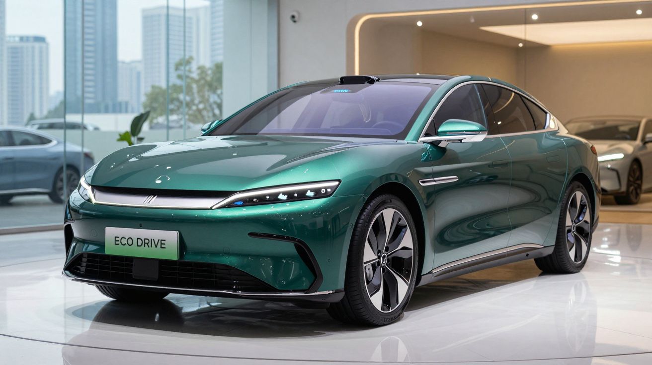 Carro elétrico verde metálico, design moderno e aerodinâmico, exposto em showroom luminoso.