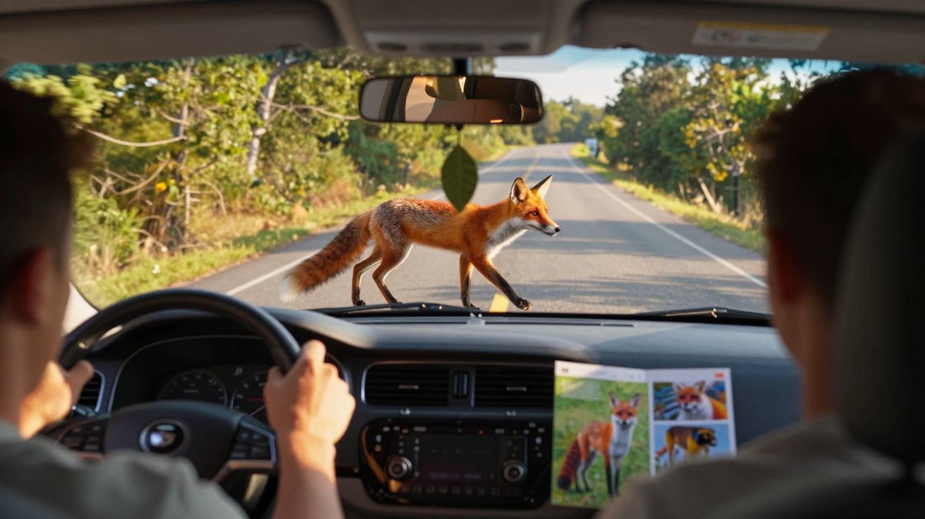 Raposa atravessa a estrada vista do interior de um carro com duas pessoas ao volante numa estrada rural.