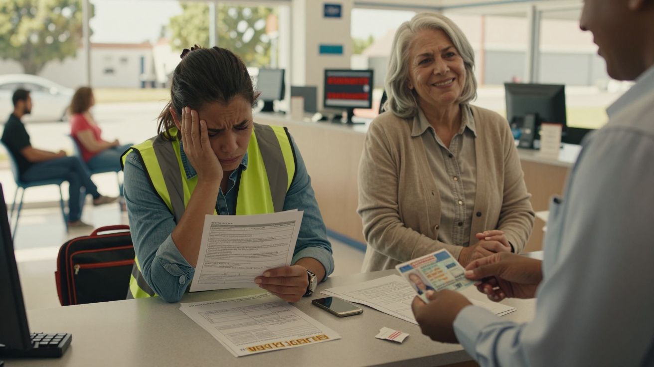 Mulher com colete refletor preocupada a preencher formulário, outra mulher sorri e funcionário mostra documento.