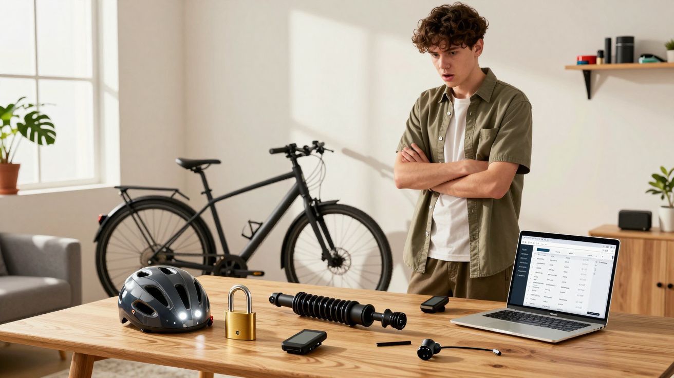 Jovem está em casa, preocupado, com capacete, cadeado e peças de bicicleta sobre a mesa de madeira.