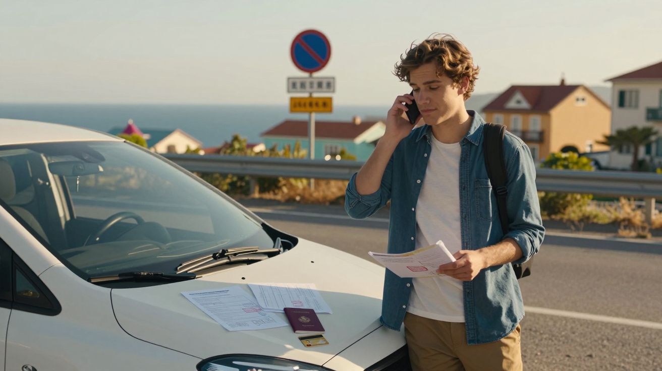 Jovem ao telefone junto a carro estacionado, com documentos e passaporte sobre o capô, em estrada costeira.