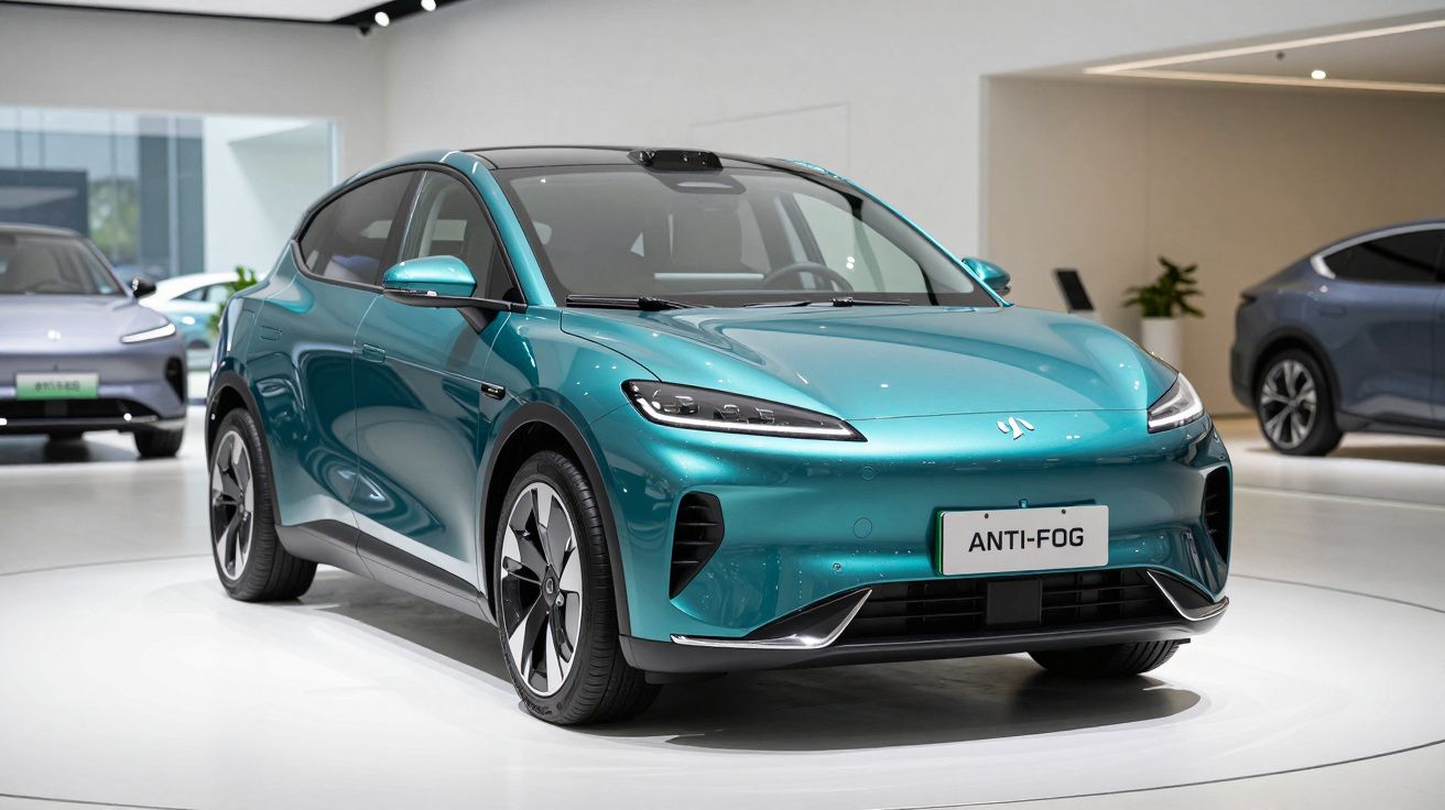 Carro elétrico azul turquesa exposto numa sala branca com chão polido e luzes no teto.