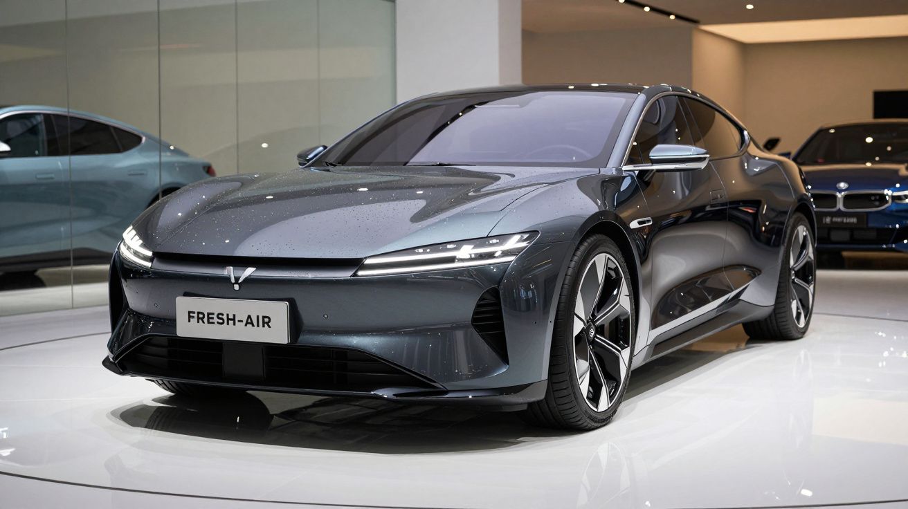 Carro elétrico moderno cinza escuro com design elegante em exposição numa sala iluminada.