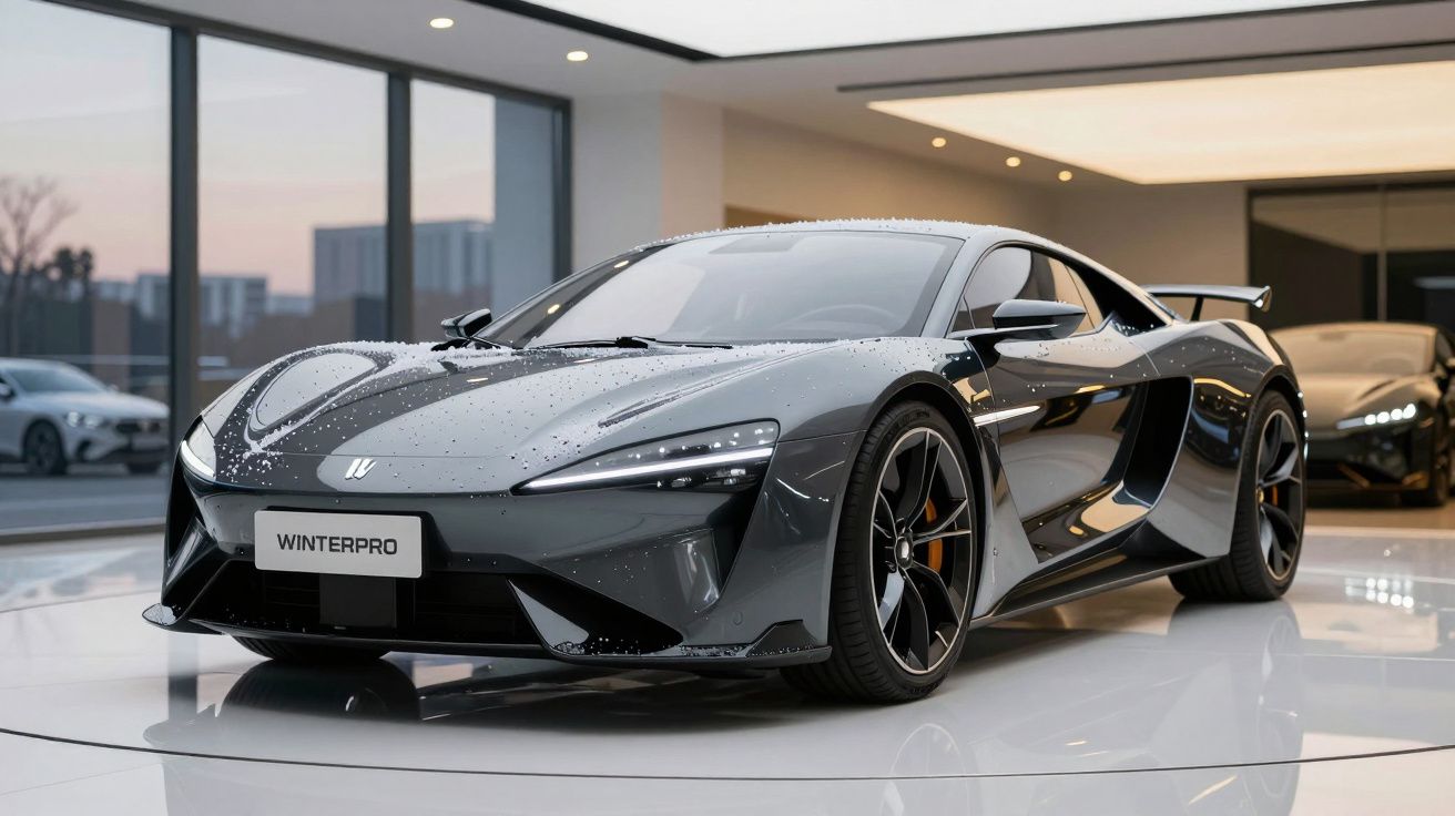 Carro desportivo cinza escuro com gotas de água exposto numa sala moderna com grandes janelas.
