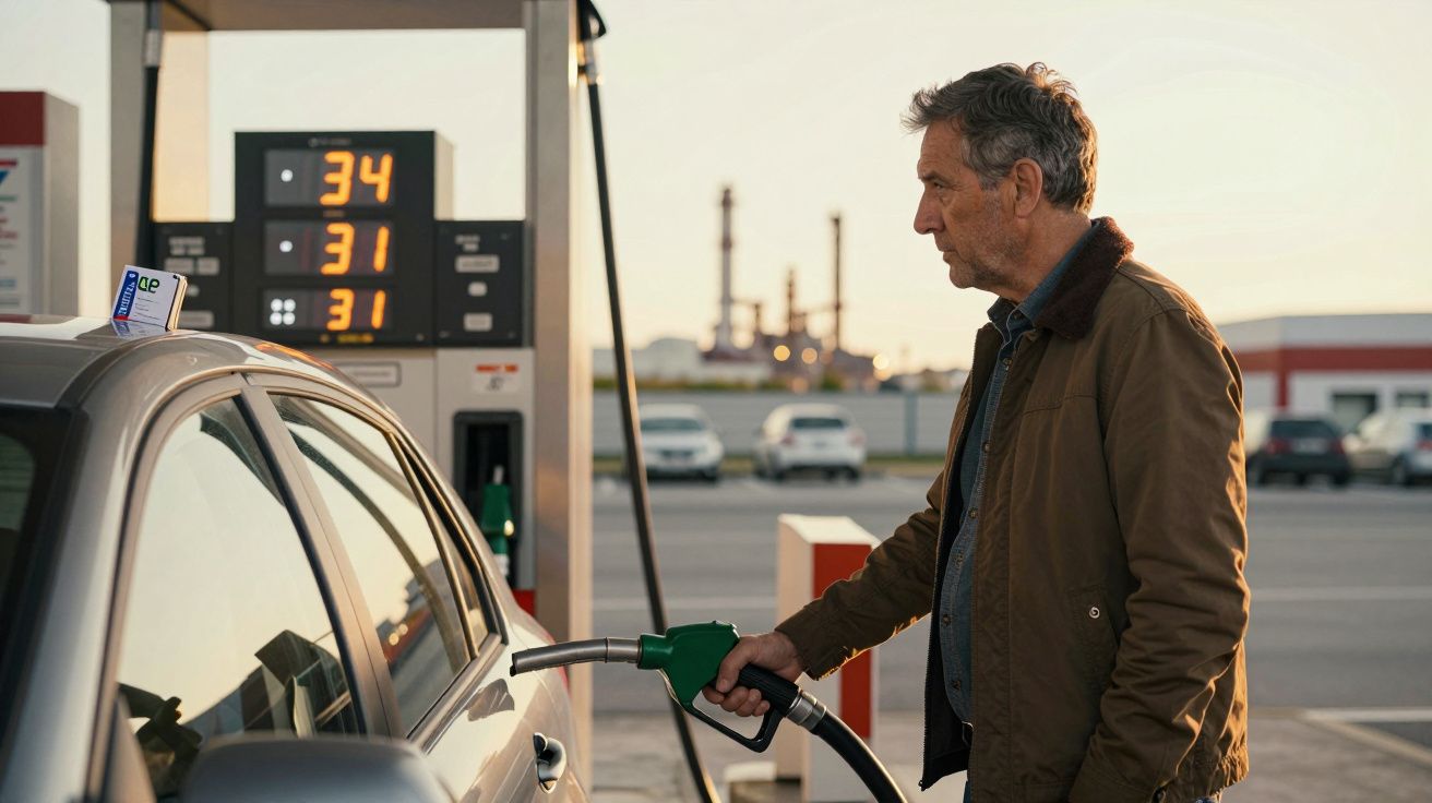 Homem a abastecer carro com combustível numa bomba de gasolina ao fim da tarde.