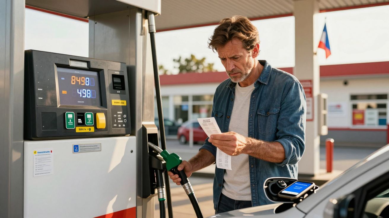 Homem a abastecer carro numa bomba de combustível, consultando um recibo na estação de serviço.