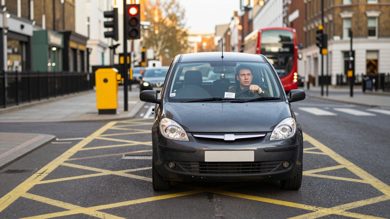 Carro parado em caixa amarela com motorista a olhar para frente e semáforo vermelho num cruzamento urbano.