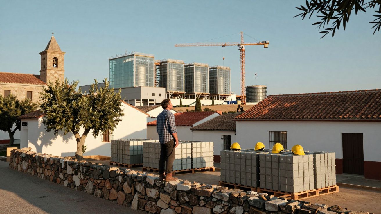 Homem observa construção moderna atrás de casas tradicionais com capacetes e materiais de obra empilhados.