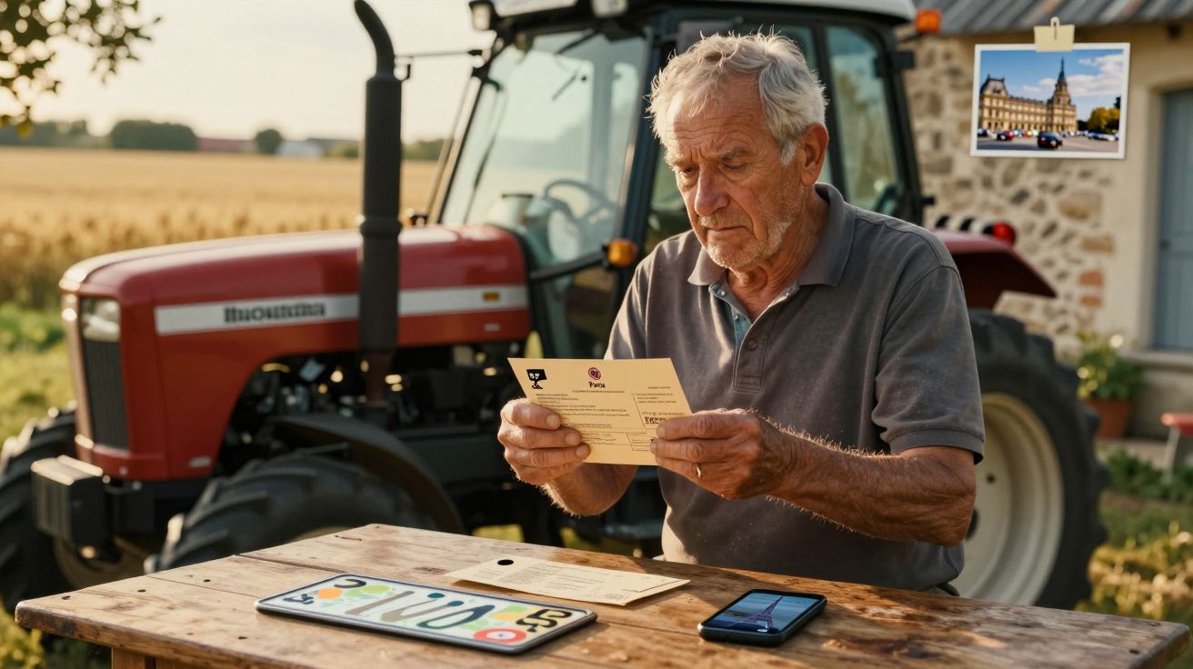Homem idoso sentado à mesa de madeira a ler cartas com trator vermelho e campo ao fundo ao pôr do sol.