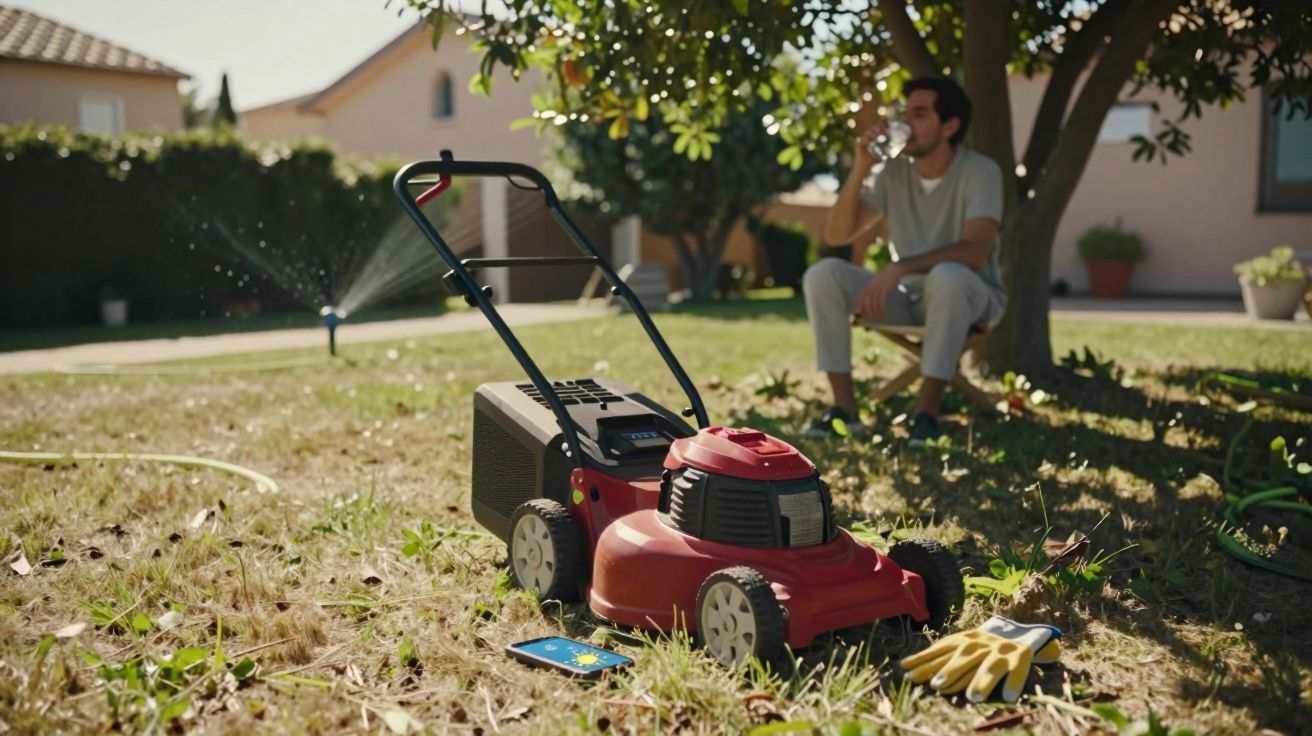 Homem sentado à sombra de uma árvore a beber água, à frente um cortador de relva e luvas no chão.