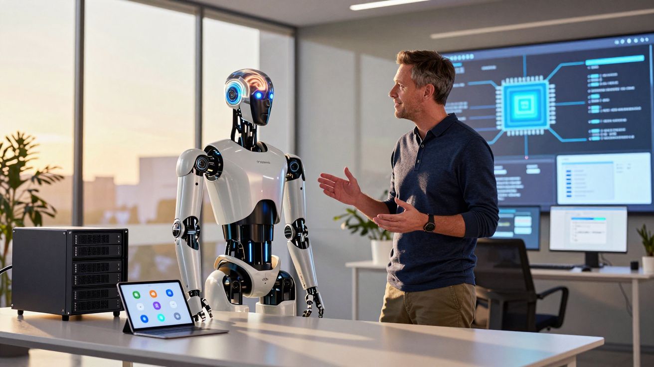 Homem a conversar com robô humanoide moderno numa sala de escritório tecnológica e iluminada ao fim do dia.