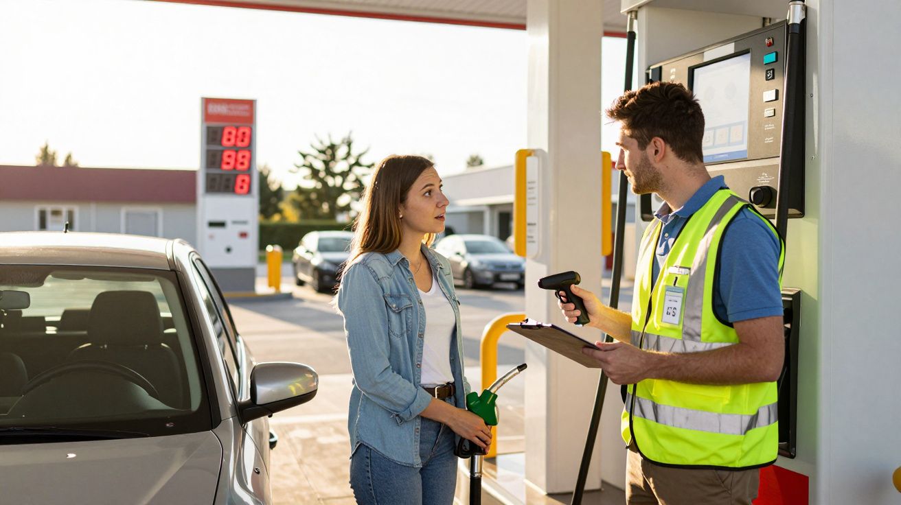Funcionário de posto de combustível atende cliente que segura pistola de abastecimento junto a automóvel.