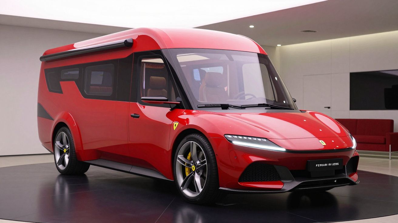 Veículo recreativo vermelho Ferrari de design moderno exibido em ambiente interior sofisticado.