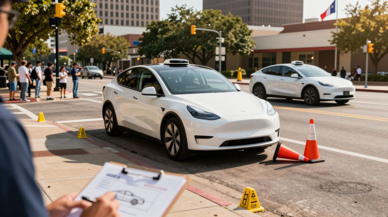 Dois carros autónomos brancos num cruzamento urbano com cones e uma pessoa a tomar notas no primeiro plano.