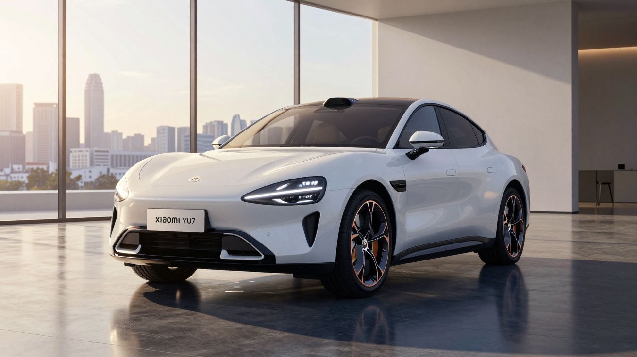 Carro elétrico branco Xiaomi YU7 estacionado em interior moderno com vista de cidade ao fundo.
