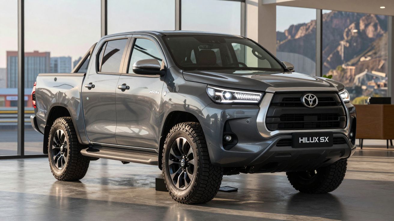 Pick-up Toyota Hilux SX cinzenta estacionada em interior com janelas grandes e vista urbana.