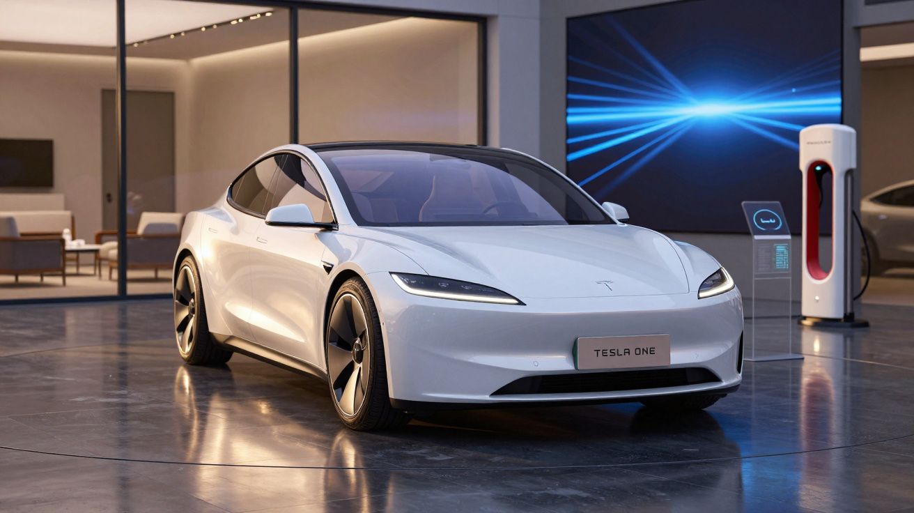 Carro elétrico Tesla One branco estacionado em espaço moderno com carregador elétrico visível ao fundo.