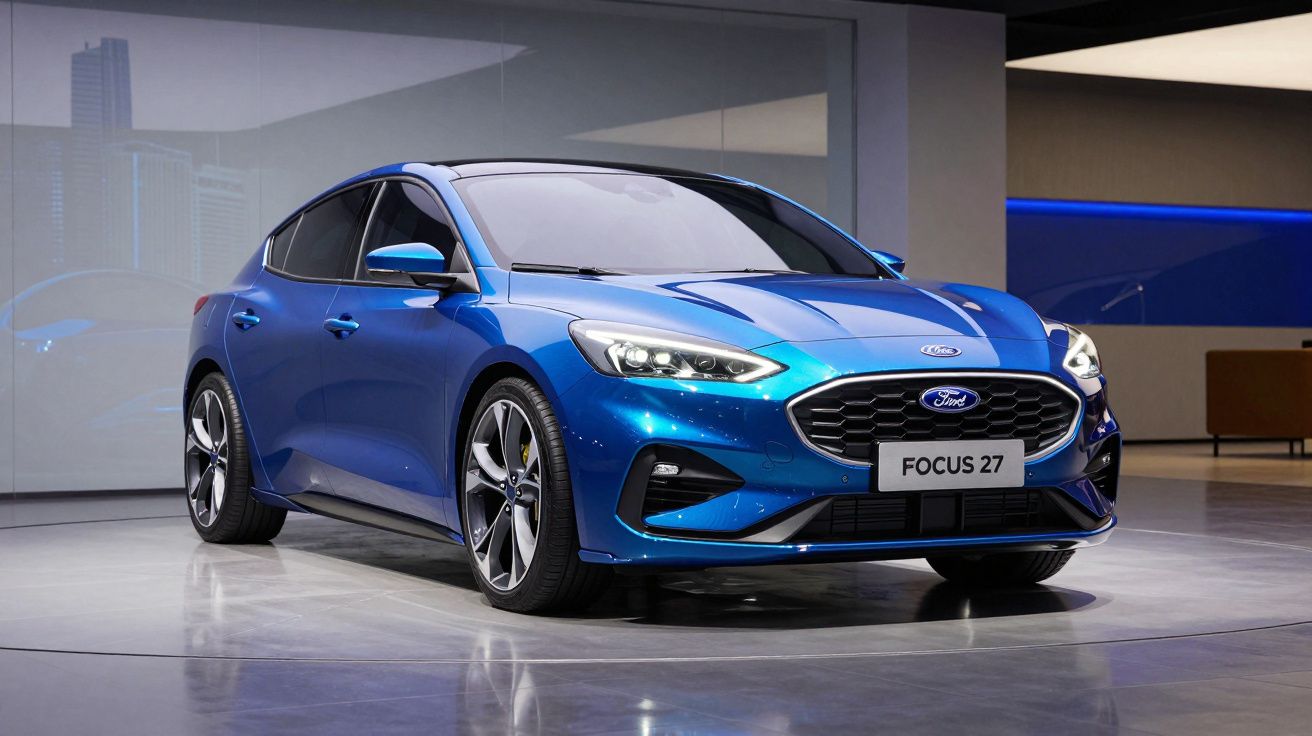 Automóvel Ford Focus 27 azul metálico estacionado em salão moderno com chão cinza.