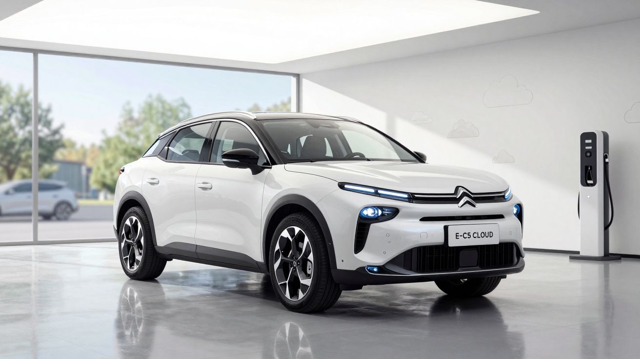 Carro elétrico Citroën E-C5 Cloud branco estacionado dentro de garagem moderna junto a carregador elétrico.