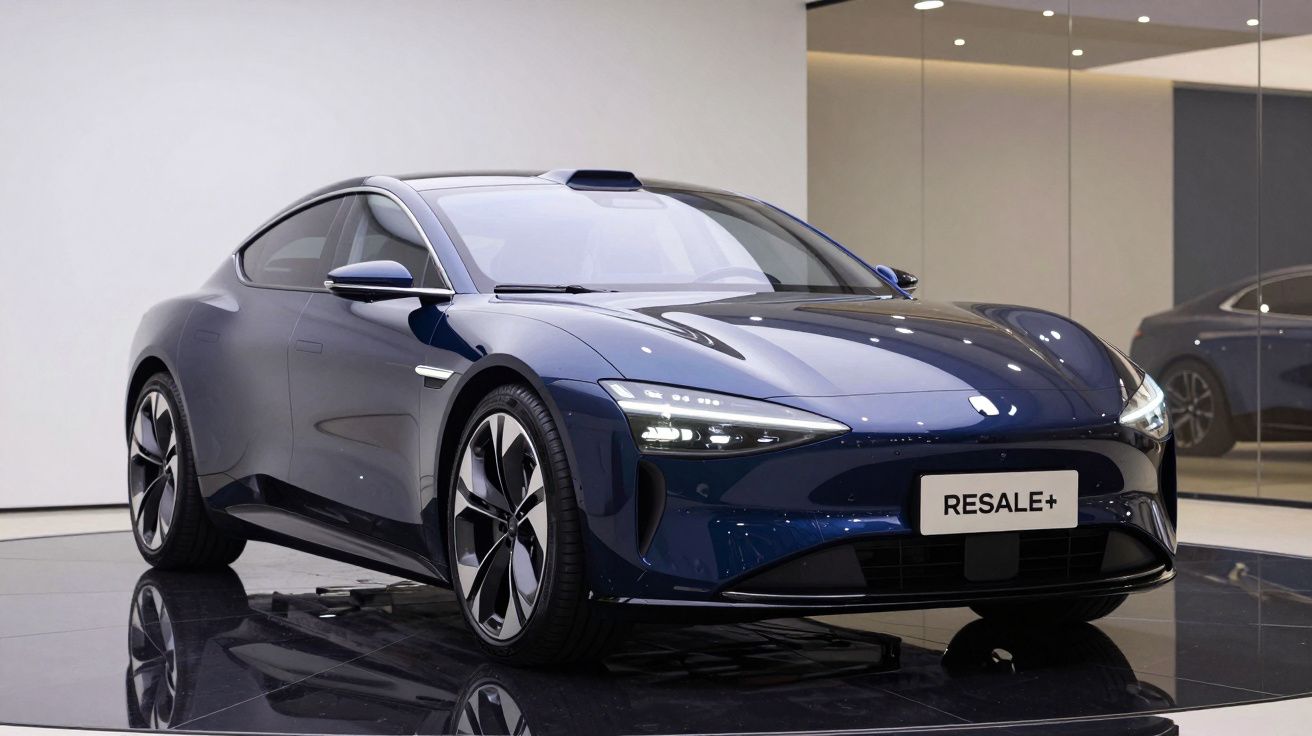 Carro desportivo eléctrico azul escuro em exposição num showroom com piso brilhante e paredes claras.