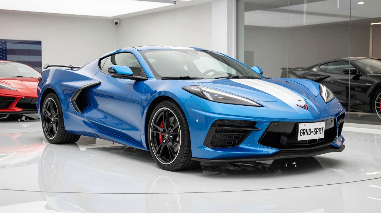 Carro desportivo azul com faixa branca, design moderno, exibido em showroom luminoso.