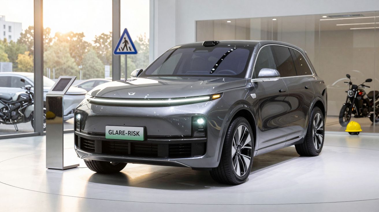 Carro SUV elétrico cinza exposto em showroom moderno com motas ao fundo.