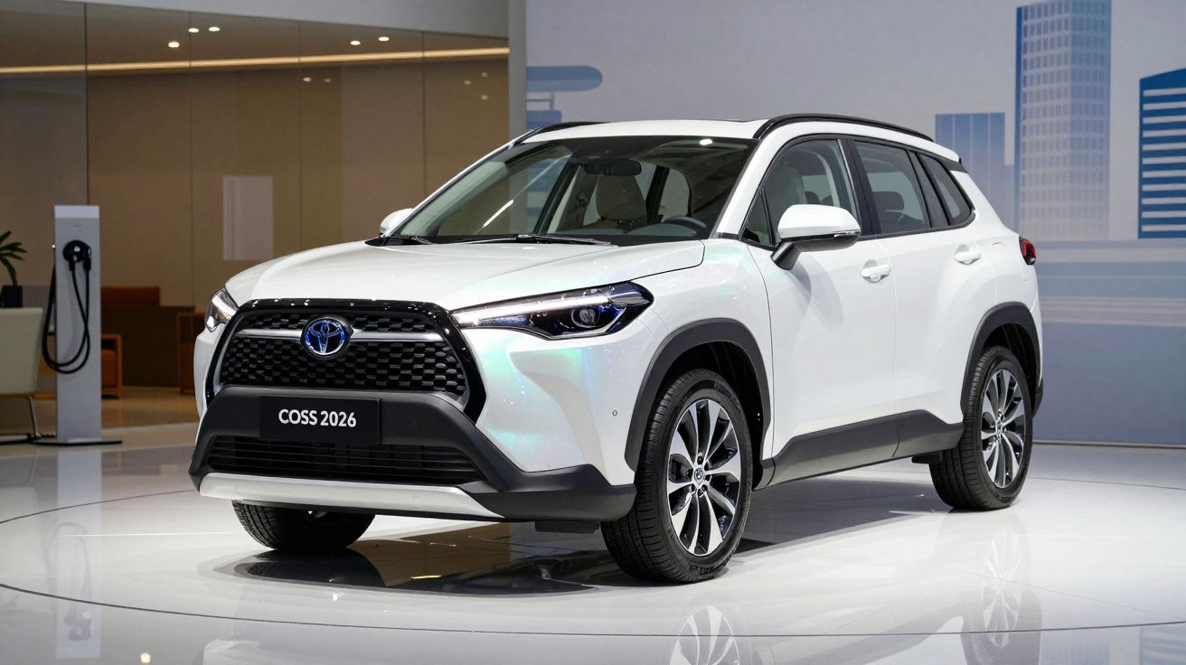 Carro SUV branco Toyota Coss 2026 em exposição, apresentado num espaço moderno e iluminado.