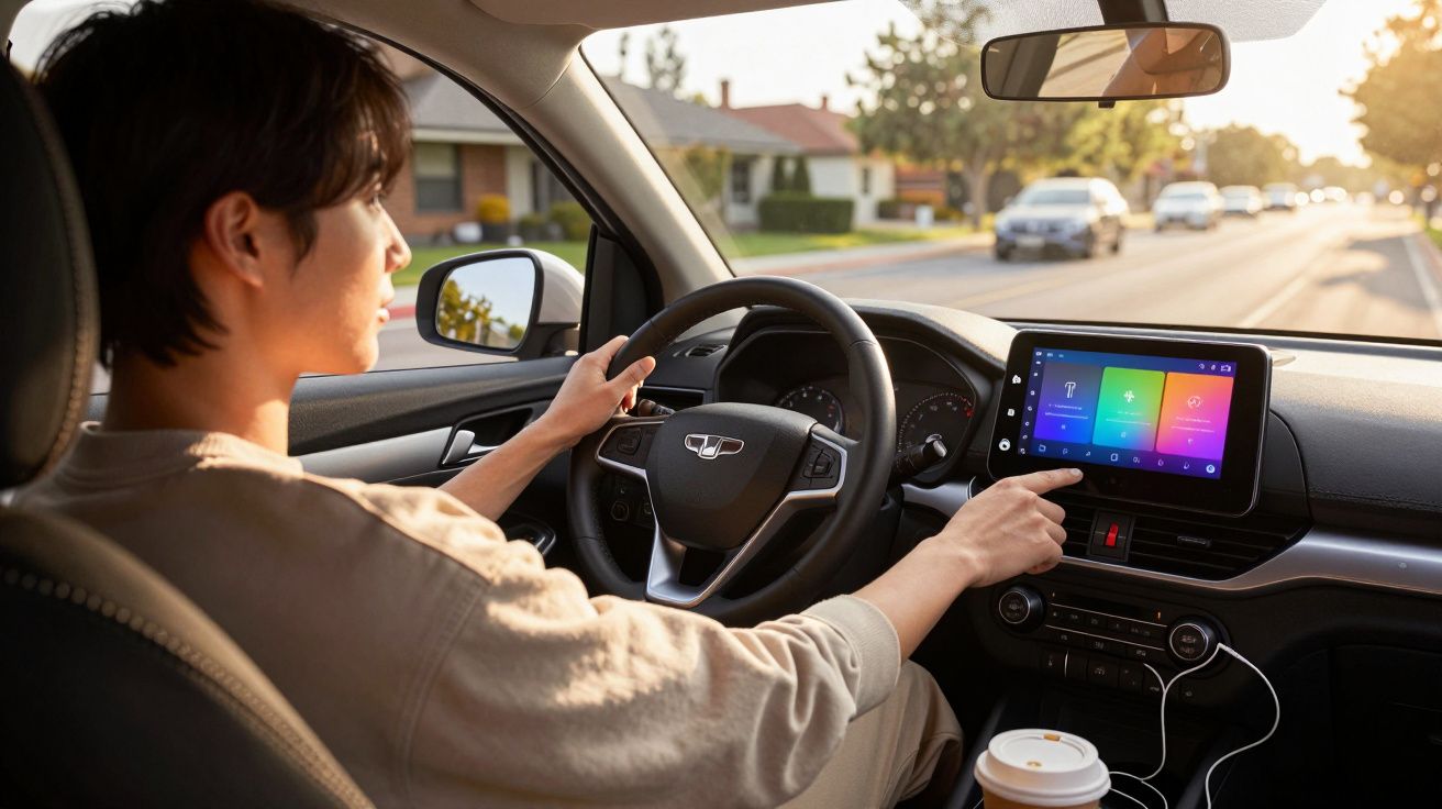 Pessoa a conduzir um carro moderno com ecrã tátil no painel e bebida num suporte dianteiro.