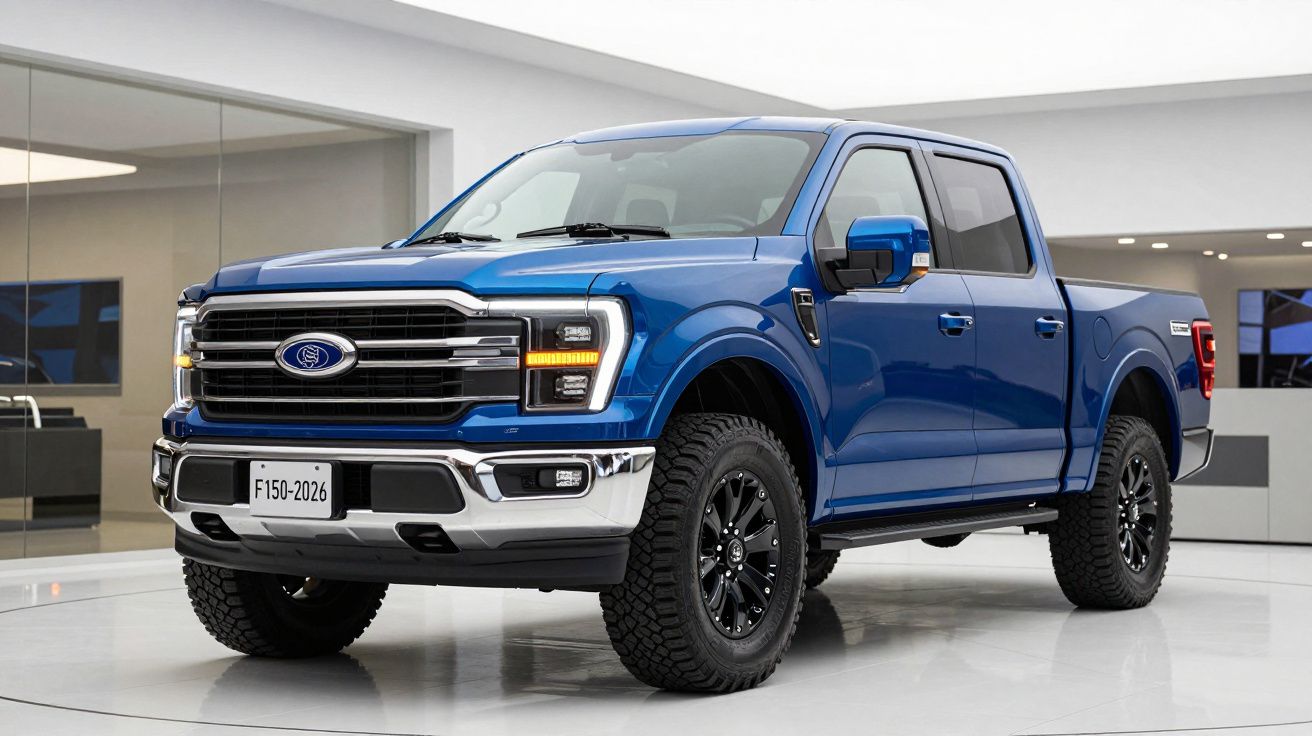 Pick-up Ford F-150 azul modelo 2026 estacionada em espaço interior moderno e iluminado.