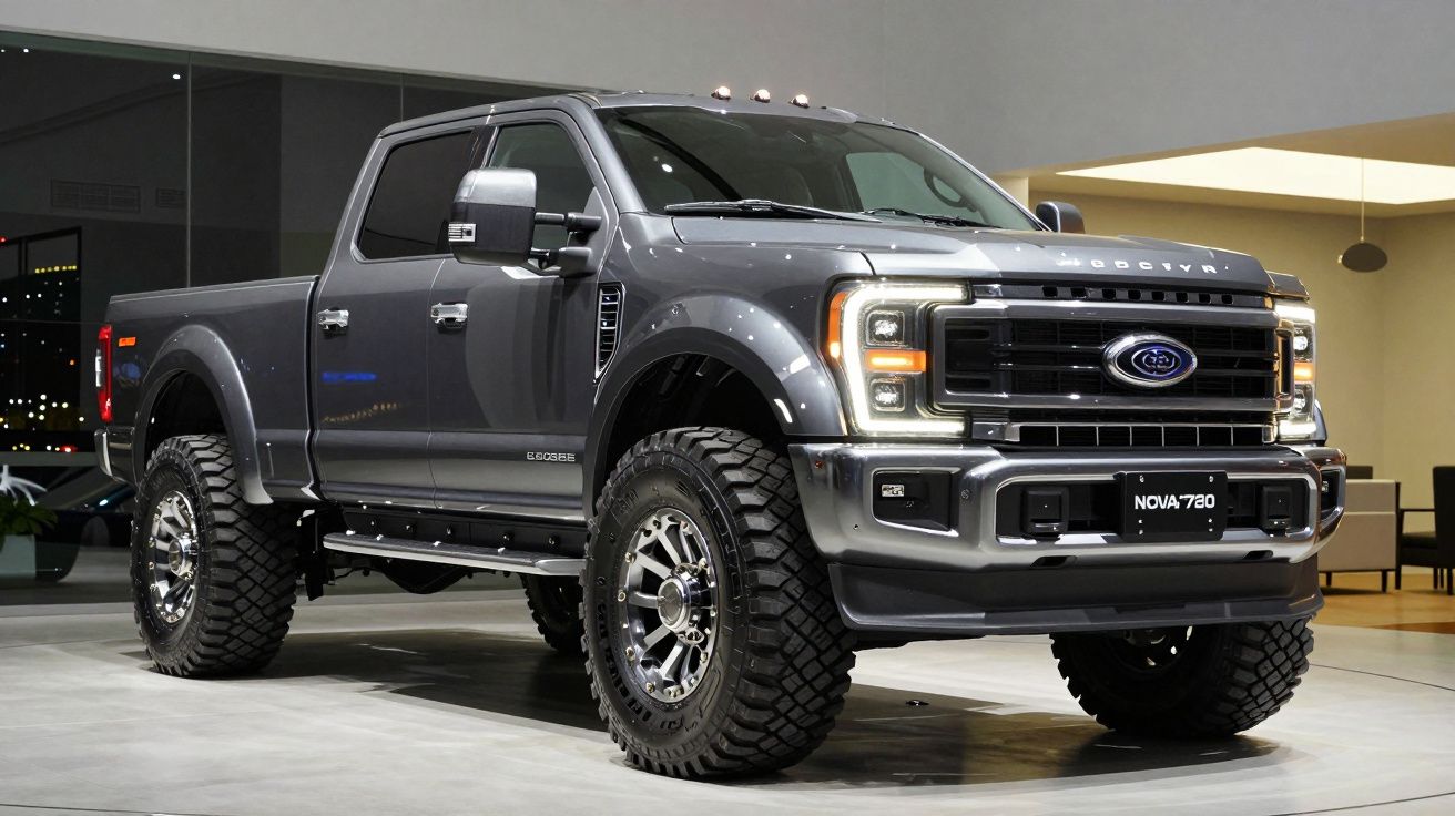 Pick-up Ford cinzenta com pneus todoterreno exposta em salão automóvel interior.