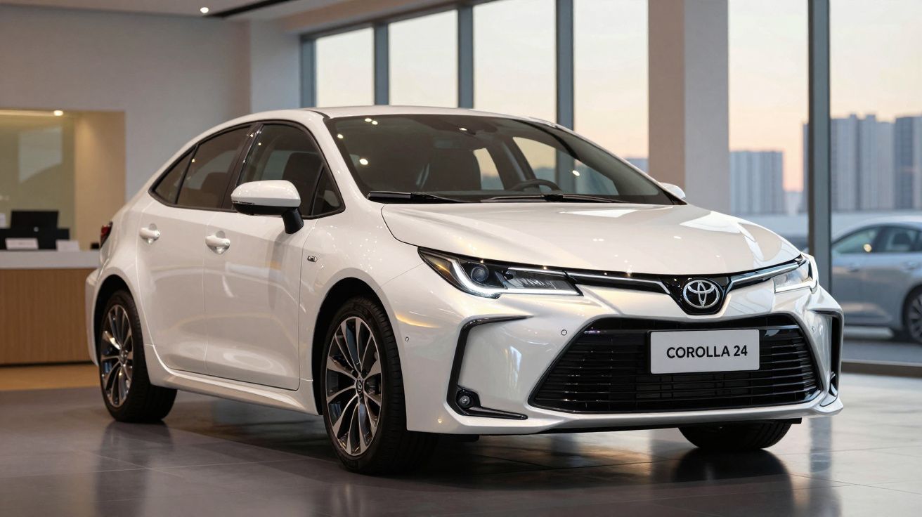 Carro Toyota Corolla 24 branco, sedan, em exposição numa sala com janelas grandes e vista para cidade.