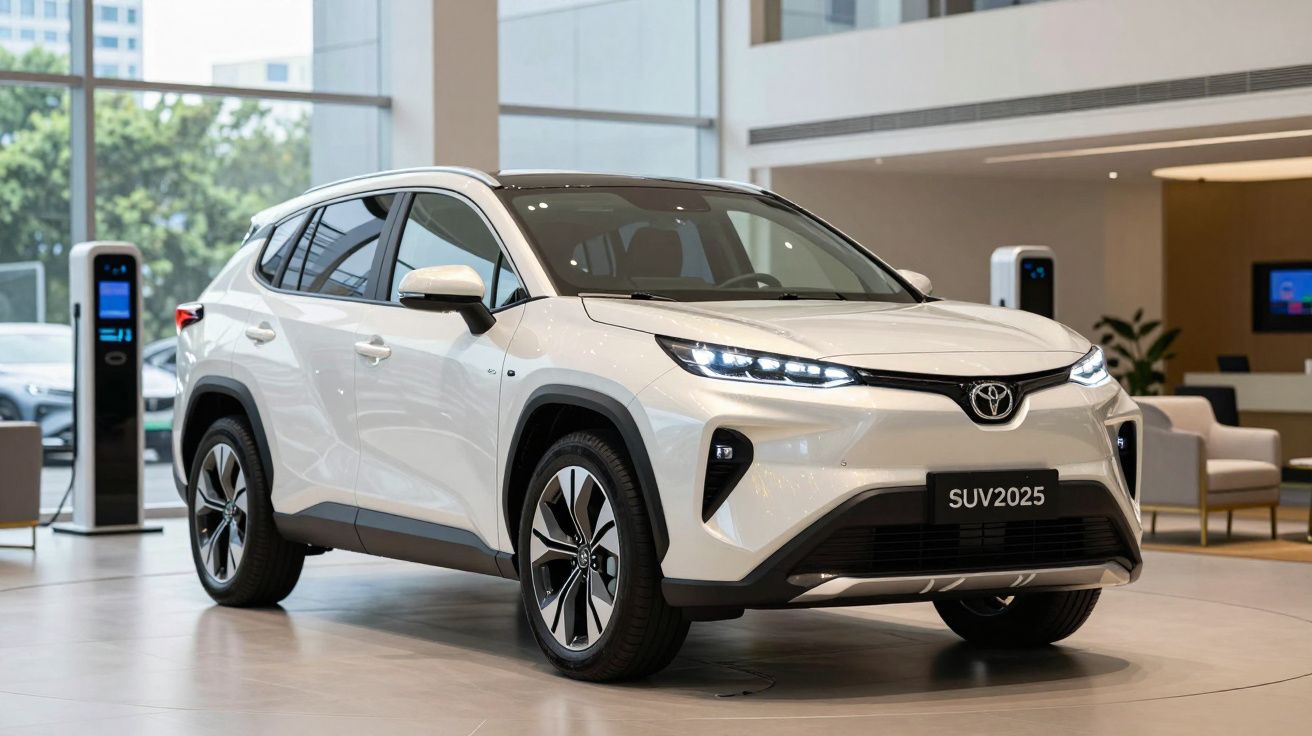 Carro Toyota SUV branco, modelo 2025, exposto em salão moderno com iluminação natural.