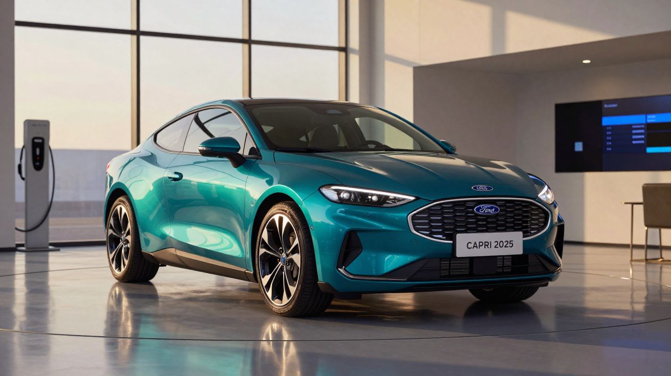 Carro eléctrico azul Ford Capri 2025 em exposição numa sala moderna com estação de carregamento.
