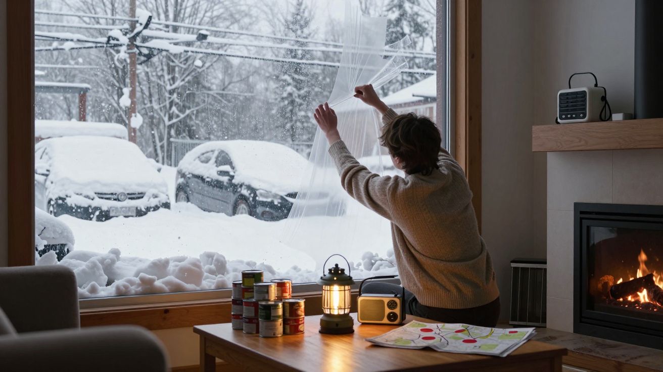 Pessoa a abrir cortina junto a janela com neve lá fora, piscina de latas, candeeiro e lareira acesa na sala.