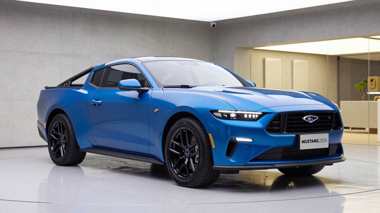 Carro Ford Mustang 2026 azul brilhante estacionado em interior moderno com chão branco e paredes cinza.