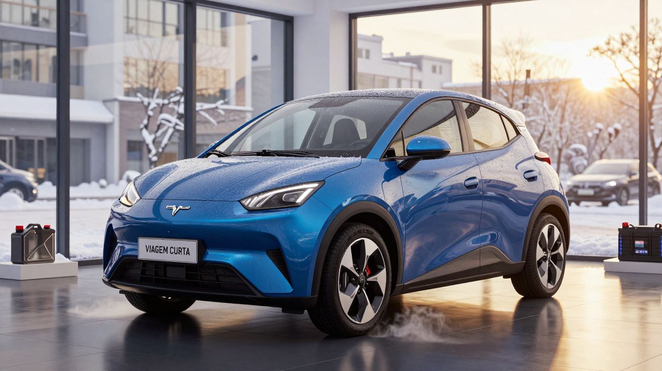 Automóvel elétrico azul estacionado num interior com neve visível através das janelas grandes.