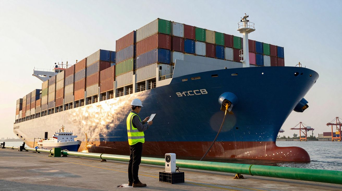 Homem com colete refletor e capacete verifica tablet perto de grande navio porta-contentores no porto.