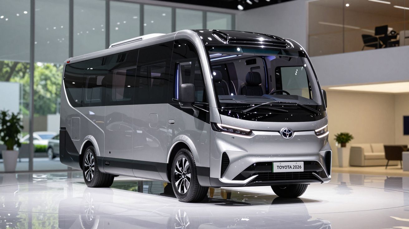 Autocarro Toyota 2026 moderno cinzento exibido em ambiente interior elegante e iluminado.