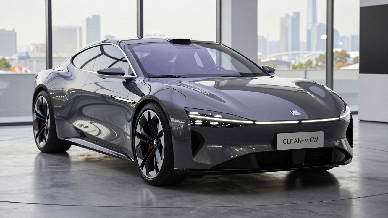 Carro desportivo elétrico cinzento escuro, modelo Clean-View, estacionado num salão com vidros amplos e vista urbana.