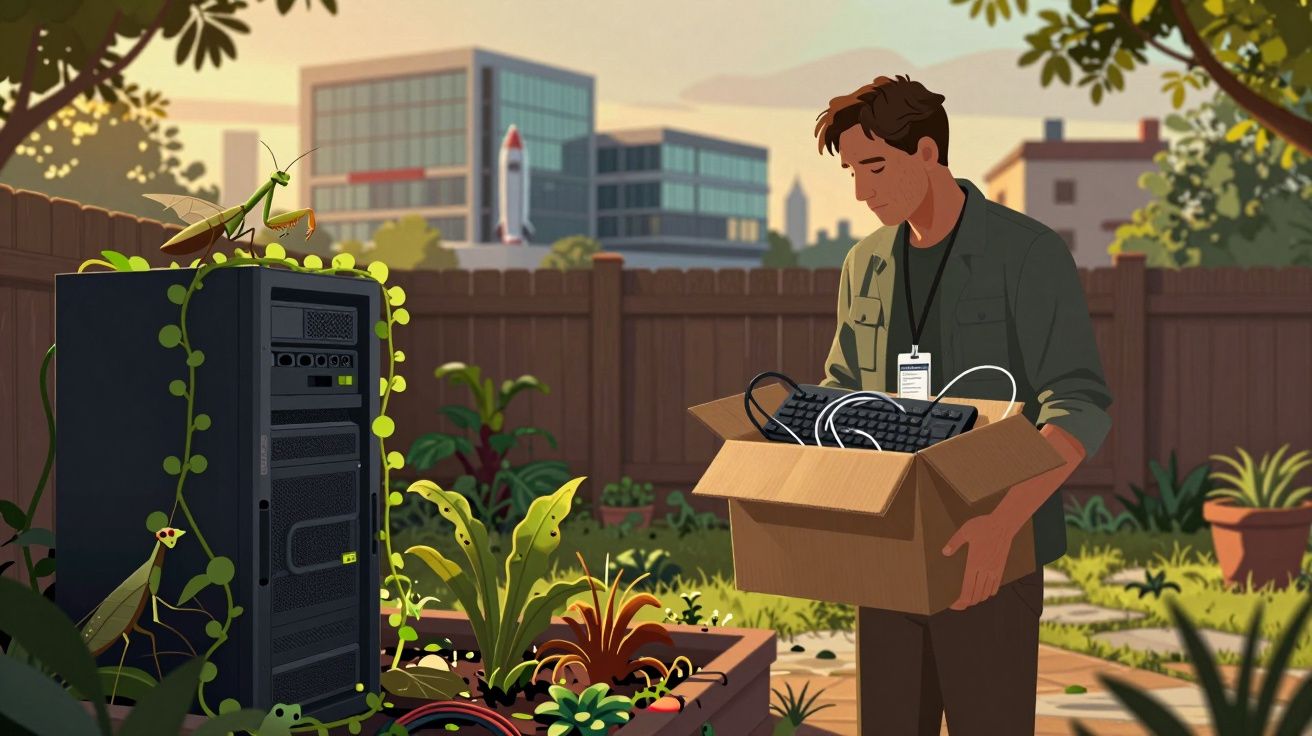 Homem segura caixa com material tecnológico num jardim urbano com insetos e equipamentos eletrónicos.