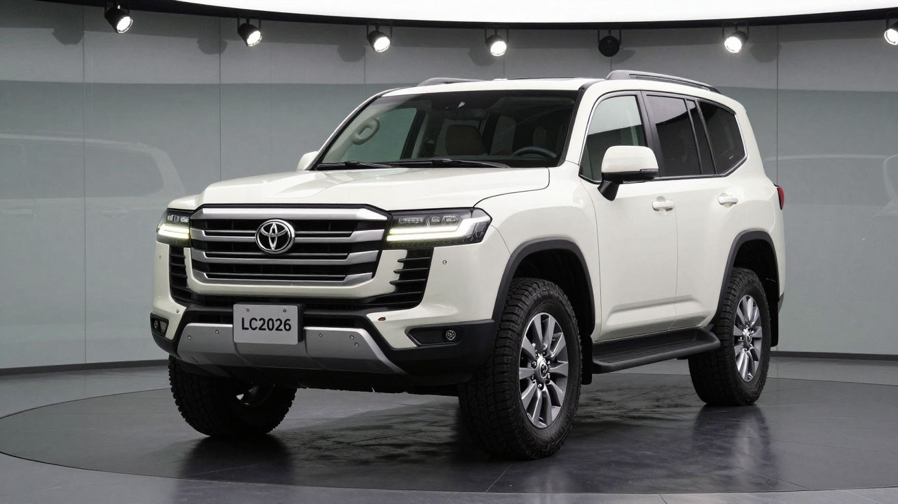 Toyota Land Cruiser branco estacionado em estúdio com iluminação superior e fundo cinzento.