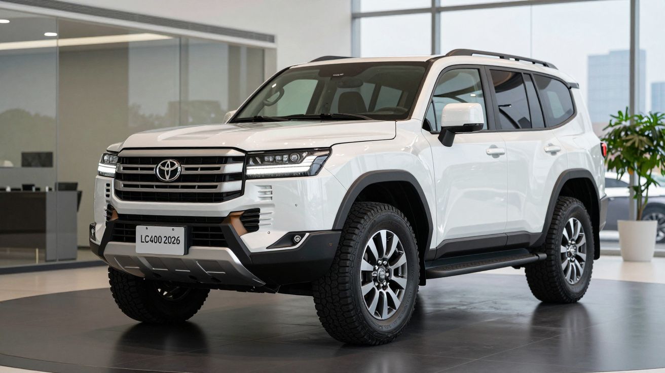 SUV Toyota Land Cruiser branco estacionado num salão de automóveis moderno.