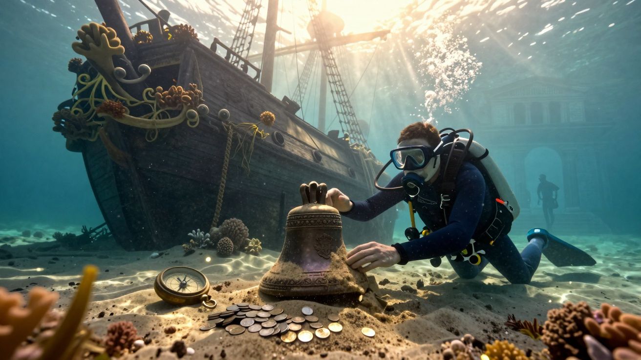 Mergulhador explora tesouro com moedas e um sino antigo no fundo do mar junto a um navio naufragado.