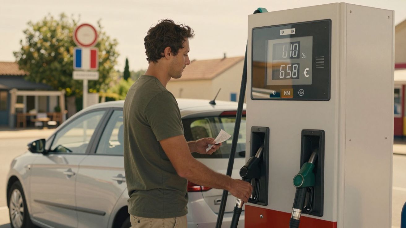 Homem a abastecer carro num posto de combustível enquanto segura um recibo.