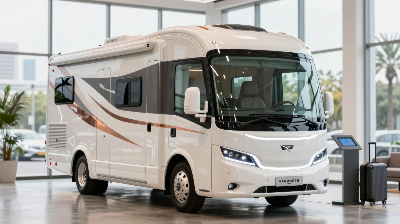 Autocaravana branca moderna com janelas pretas, decorada com riscas castanhas, em salão com vidro frontal amplo.